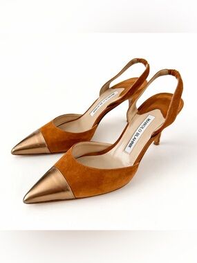 MANOLO BLAHNIK | Brown Suede Slingback Pumps Pointed Gold Cap Toe Heels EU 36.5